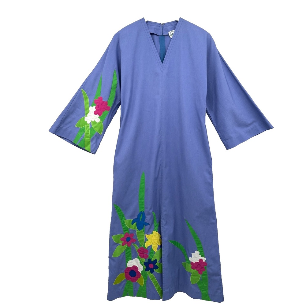 Vintage House Dress Kimono MuuMuu Kaftan‎ Size Small Floral Applique Artsy Boho